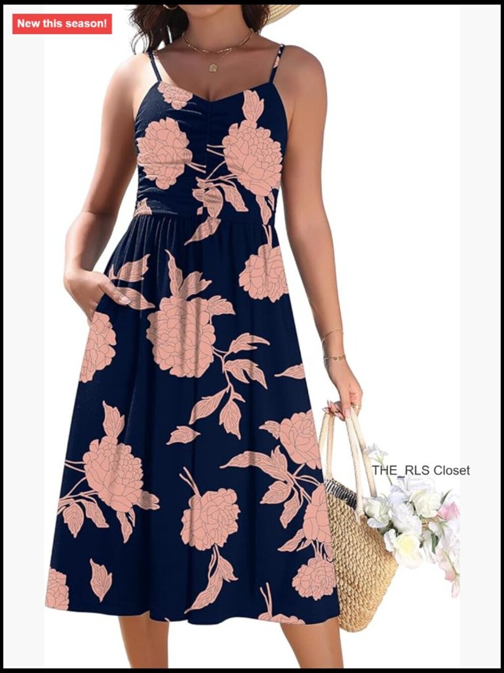 Adjustable Spaghetti Strap Ruched Sundress with Pockets Midi Flowy